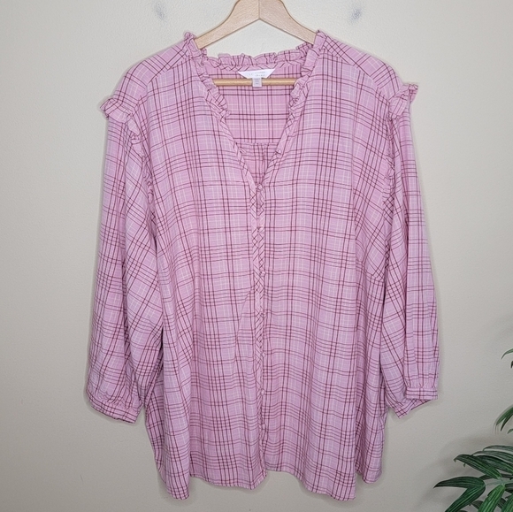 LC Lauren Conrad | Pink Plaid Ruffle Detail Button Down Shirt Size 4X - Picture 1 of 7